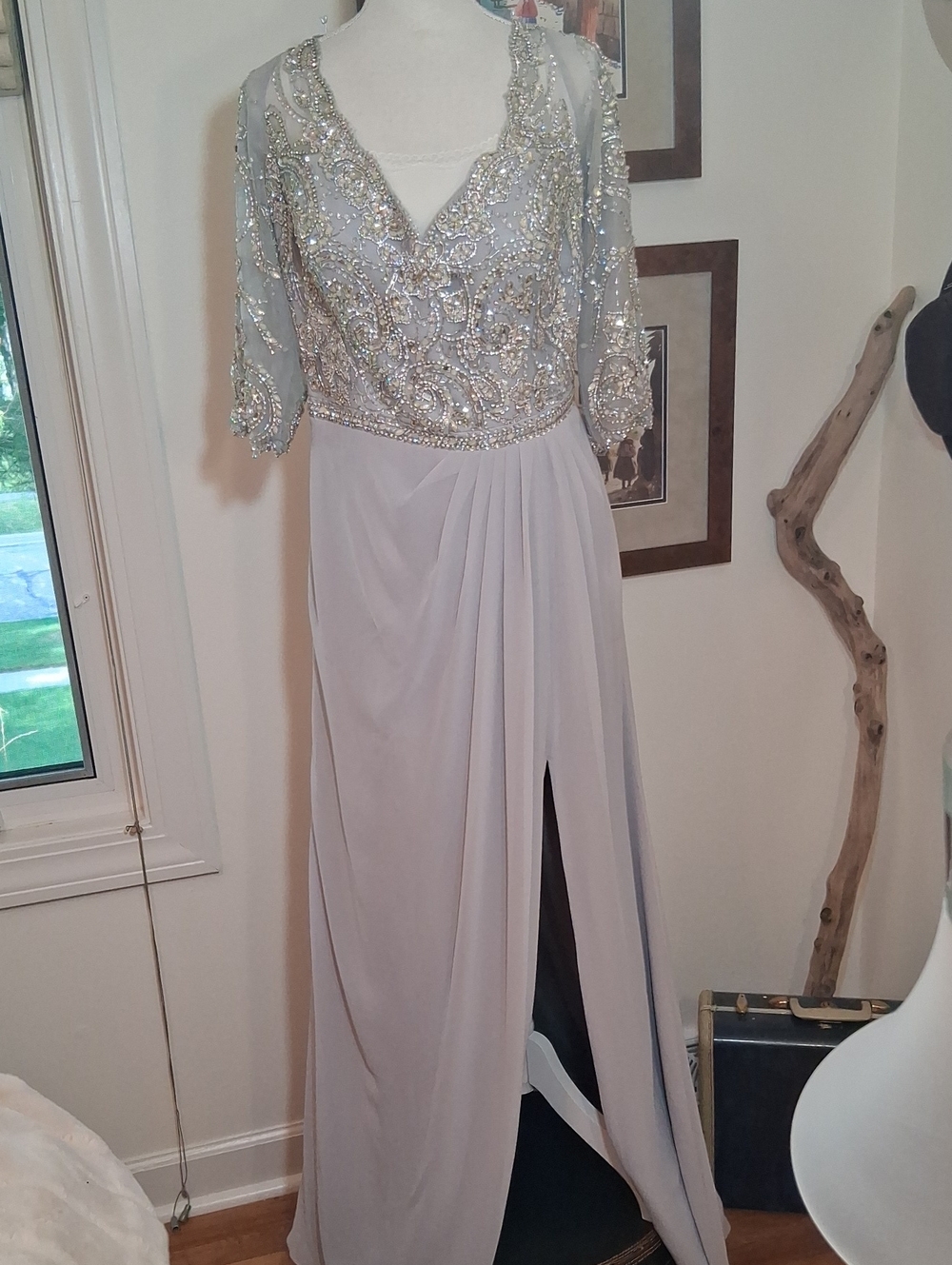Montage by Mon Cheri Silver Beaded V-Neck Maxi Gown